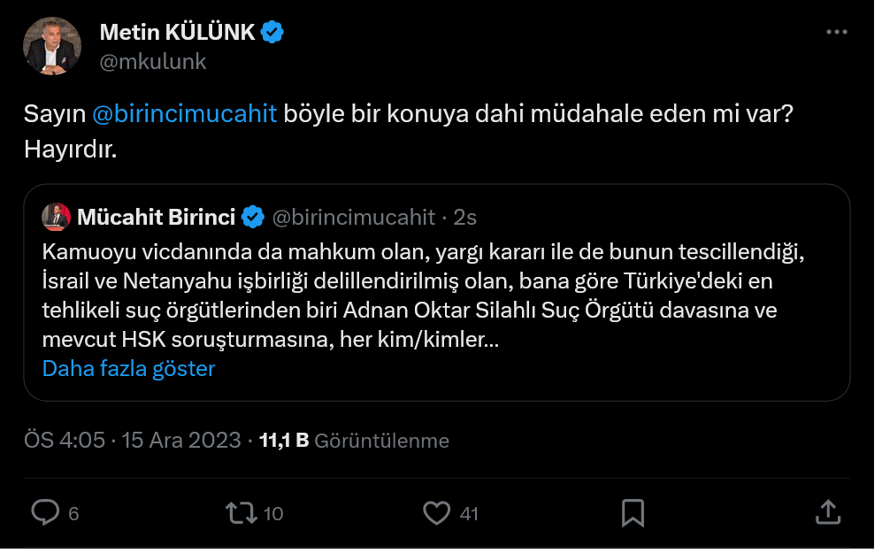Screenshot 2023 12 15 At 18 00 58 (1) X'te Metin Külünk Sayın @Birincimucahit Böyle Bir Konuya Dahi Müdahale Eden Mi Var Hayırdır. X