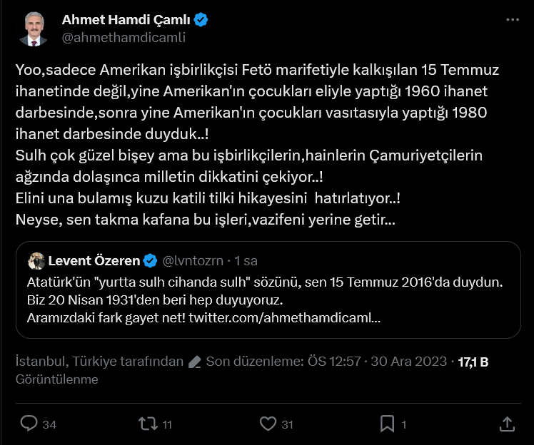 Screenshot 2023 12 30 At 14 21 41 (2) X'te Ahmet Hamdi Çamlı Yoo Sadece Amerikan Işbirlikçisi Fetö Marifetiyle Kalkışılan 15 Temmuz Ihanetinde Değil Yine Amerikan'ın Çocukları Eliyle Yaptığı 1960 Ihanet Darbesinde [...]