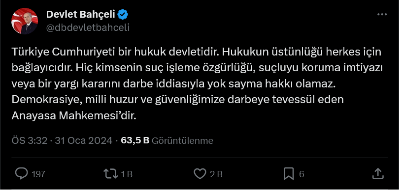 Screenshot 2024 01 31 At 16 10 46 X'te Devlet Bahçeli Türkiye Cumhuriyeti Bir Hukuk Devletidir. Hukukun Üstünlüğü Herkes Için Bağlayıcıdır. Hiç Kimsenin Suç Işleme Özgürlüğü Suçluyu Koruma Imtiyazı Veya Bir Yargı K[...]