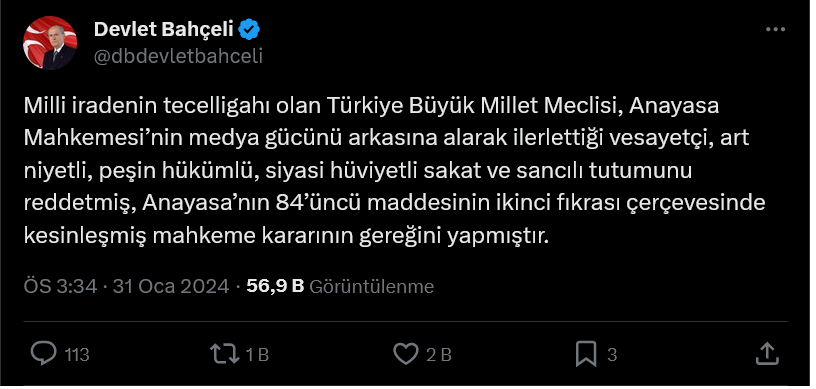 Screenshot 2024 01 31 At 16 11 11 X'te Devlet Bahçeli Milli Iradenin Tecelligahı Olan Türkiye Büyük Millet Meclisi Anayasa Mahkemesi’nin Medya Gücünü Arkasına Alarak Ilerlettiği Vesayetçi Art Niyetli Peşin Hükümlü [...]