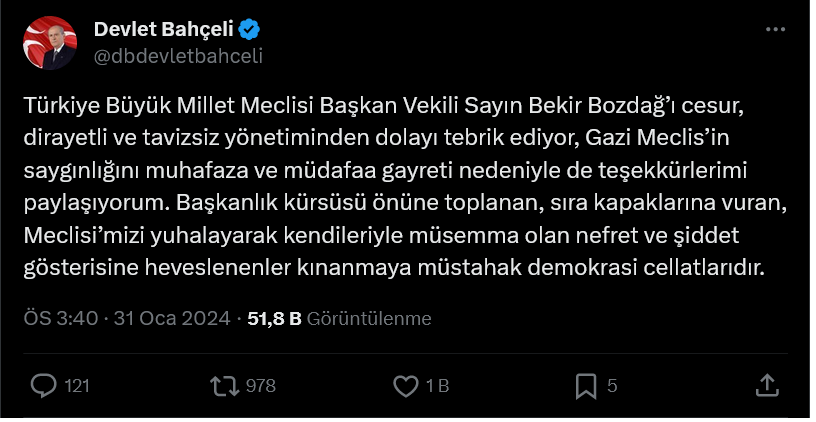Screenshot 2024 01 31 At 16 11 31 X'te Devlet Bahçeli Türkiye Büyük Millet Meclisi Başkan Vekili Sayın Bekir Bozdağ’ı Cesur Dirayetli Ve Tavizsiz Yönetiminden Dolayı Tebrik Ediyor Gazi Meclis’in Saygınlığını Muhafa[...]