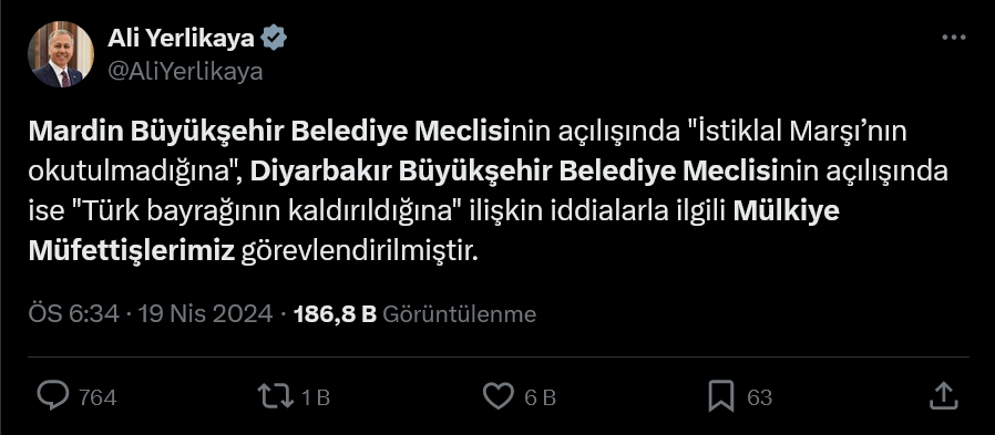 Yerlikaya'nın X paylaşımı